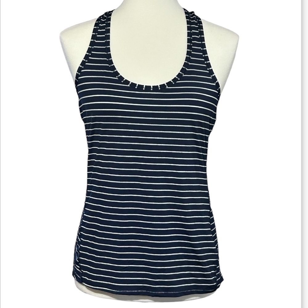 Athleta Racerback Tank Top Navy and White Stripes Size Small